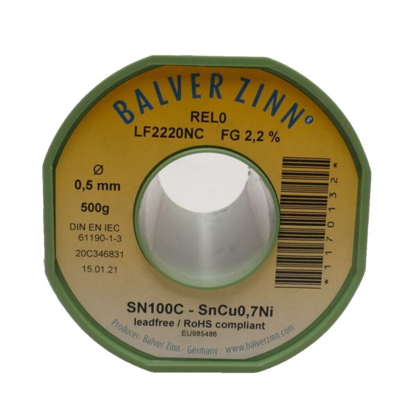 Припой бессвинцовый Balver Zinn LF2220NC SN100C (SnCu0,7Ni) 1,2мм 2,2% 0,5кг